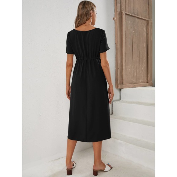 Maternity Drawstring Waist short sleeve midi Dress orange - Picture 10 of 11